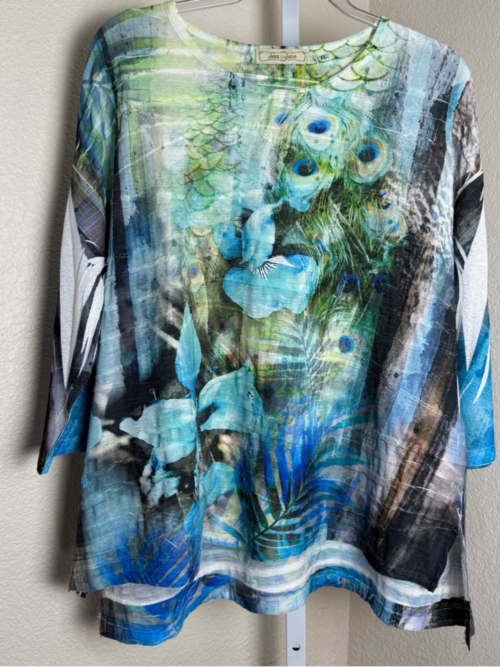 Jess & Jane Women XL Top Artsy Abstract Art to Wear Relaxed Fit Knit USA Boho